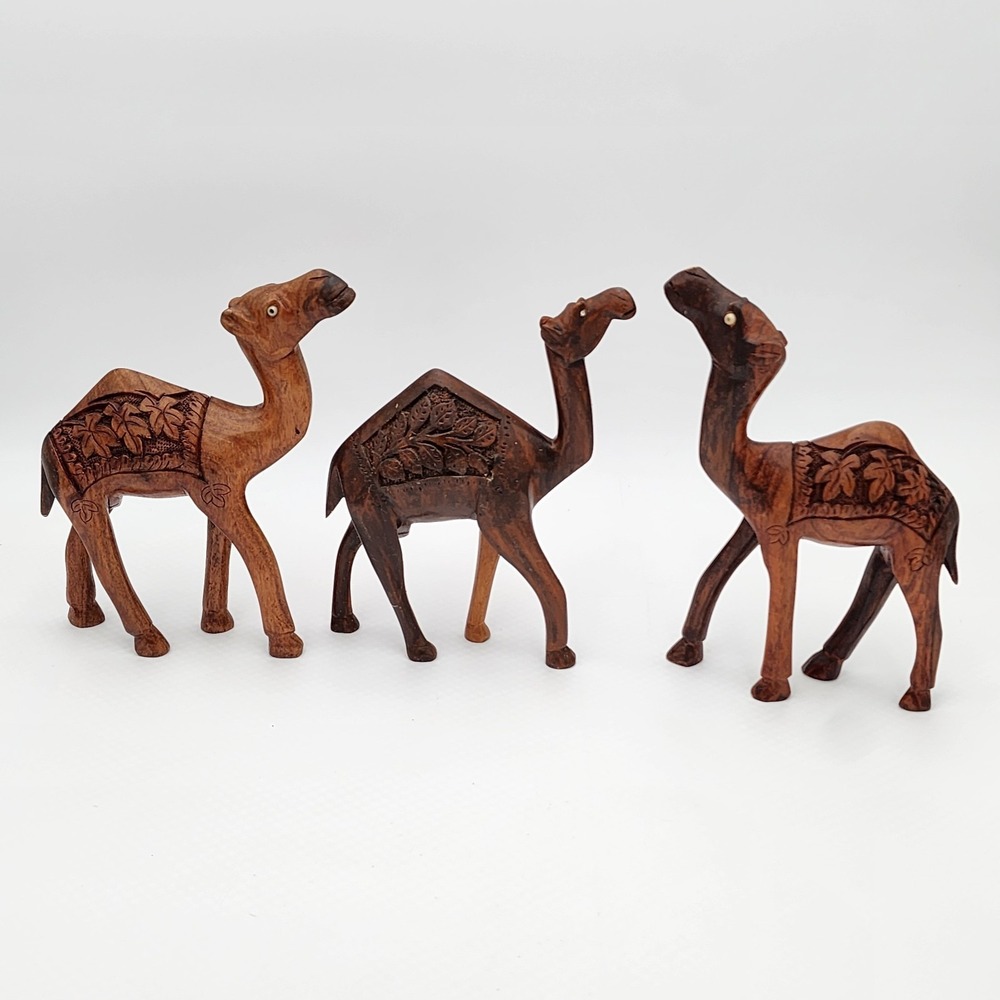 Vintage Hand Carved Standing Wood Camel Sculptures Set Of 3 Bead Eyes Intricate